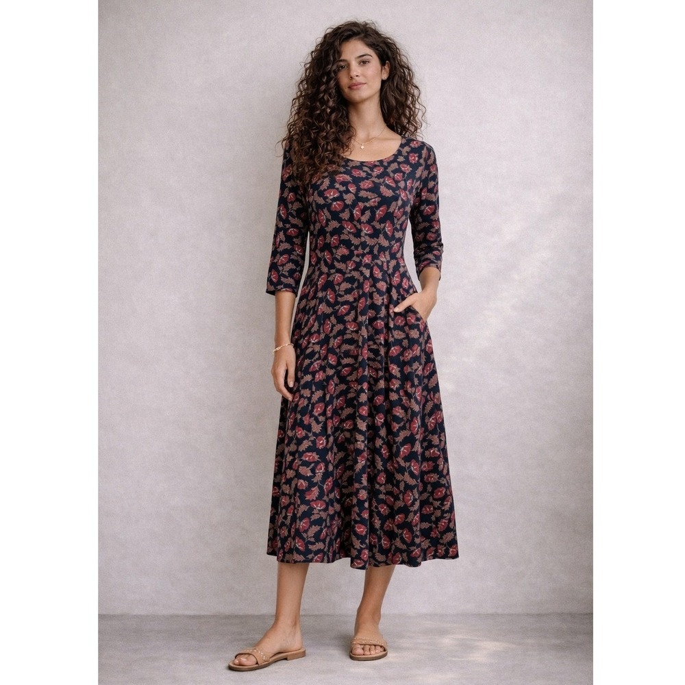 Seasalt Cornwall Organic Cotton Cottagecore Dress Navy Floral Midi US 6‎ S